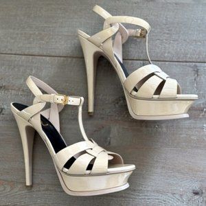 YSL Yves Saint Laurent Tribute Sandals in Nude Patent Leather Size 38.5